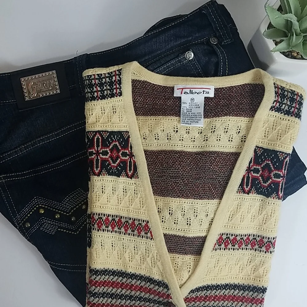 Talbots, Black, creme and red sweater vest, Sz M - Picture 2 of 9
